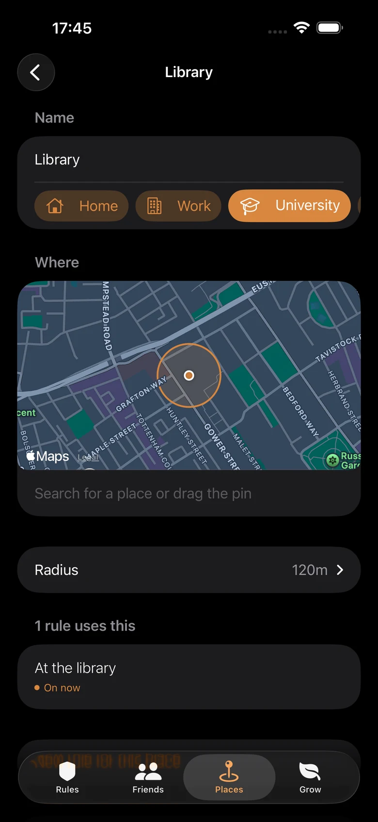 A saved place in MindFence called Library, labelled University, shown as an ember circle with a 120 metre radius on a dark map. Below, a note reads: 1 rule uses this. At the library, on now.