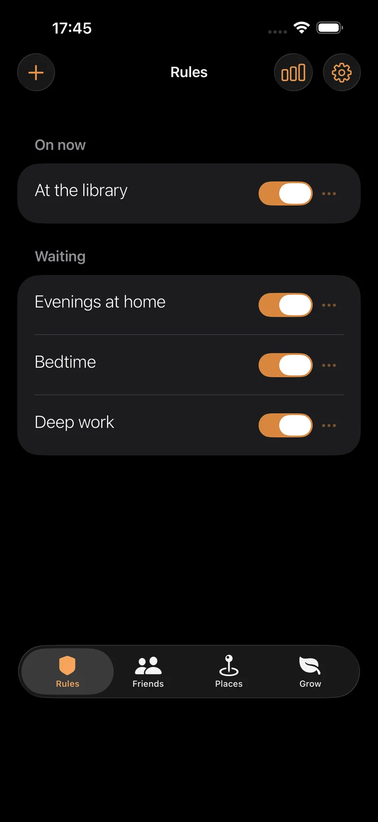 The MindFence Rules screen. Under the heading On now, a rule called At the library is switched on. Under Waiting sit three more rules: Evenings at home, Bedtime, and Deep work.